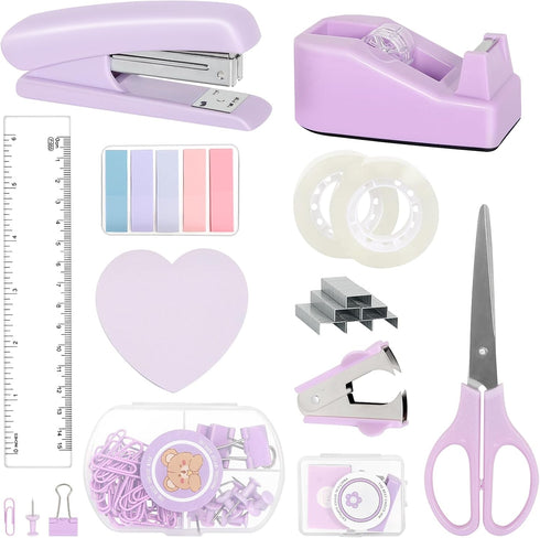 Office Supplies Set, Purple Stapler and Tape Dispenser with Staple Remover, 1000 Staples, Clips, Tape, Scissor, Tabs,