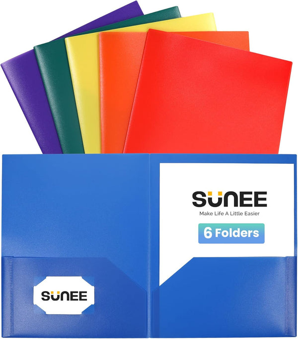 SUNEE 6 Pack Folders with Pockets, Assorted Colors, Plastic Poly Folders for Documents, Letter Size, 2 Pocket Folders