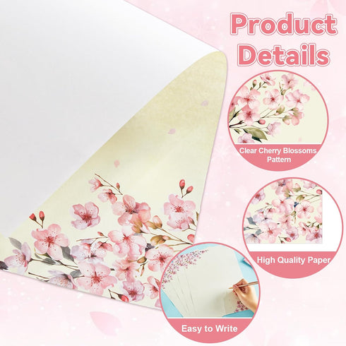50Pcs 8.5 11 Inch Cherry Blossoms Letterhead with Envelopes Floral Cherry Blossoms Computer Paper Pink Floral