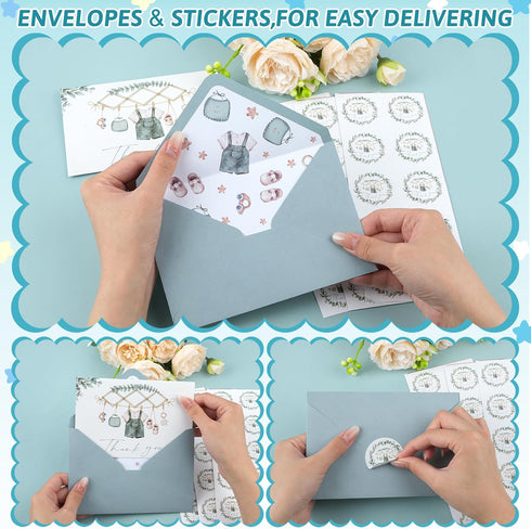 50 Pack Draupnir Baby Shower Thank You Cards with Envelopes & Stickers Green Cloth Card for Boy Blank Greeting Cards