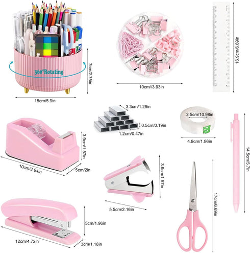 Pink Desk Organizers and Accessories 10Pcs Set, 360-Degree Rotating Pen Holder, Tape Dispenser, Stapler, Scissors