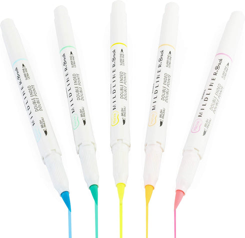 Zebra Mildliner Brush Highlighter Pen - Double Ended Fluorescent Set of 5