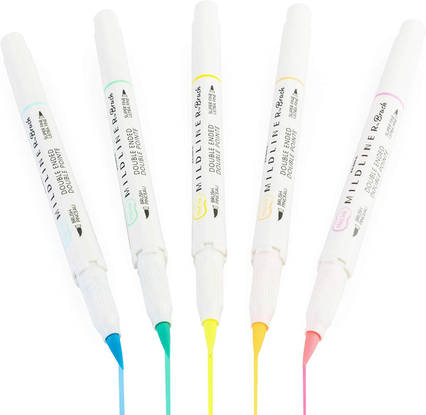 Zebra Mildliner Brush Highlighter Pen - Double Ended Fluorescent Set of 5