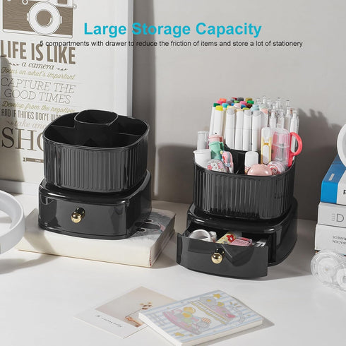 Desk Organizer with Drawer, 5 Slots 360 Degree Rotating Pencil Pen Holder for Office Accessories, Black