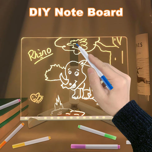 LED Note Board with Colors, 6"x6" Glowing Acrylic Message Board - Light Up Dry Erase Board with Stand & 7 Markers