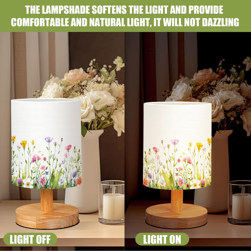 VIHOSE Wild Flower Kids Table Lamp for Bedroom Kids Bedside Lamp with Linen Wooden Nightstand Cartoon Nursery Lampshade