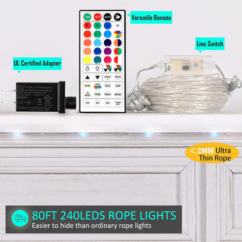 Outdoor String Lights, Rope Lights with Remote, Waterproof String Lights Outdoor Fairy Lights Twinkle Lights