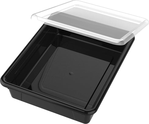 Storex Letter Size Flat Storage Tray Organizer Bin with Non-Snap Lid for Classroom, Office, Home, Black, 5-Pack