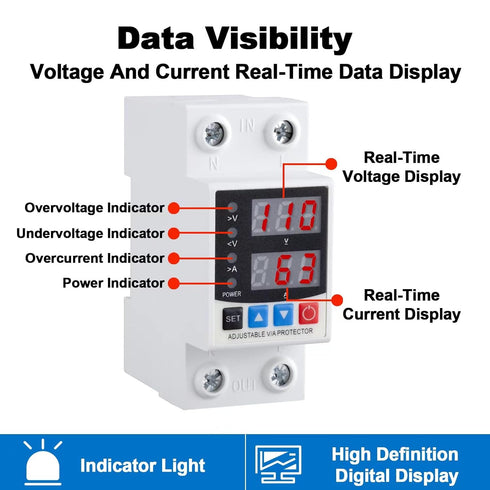 Smart Circuit Breaker with Energy Monitoring, Adjustable 1-63 Amp AC110V DC85-300V Over/Under Voltage Protection