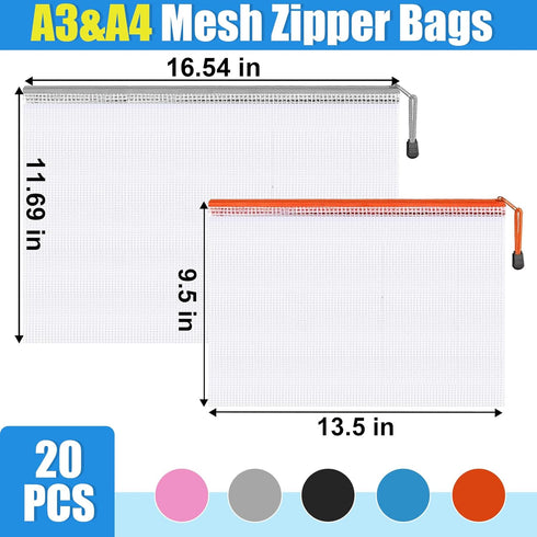 Mesh Zipper Pouch Bags - 10 Pcs A3 + 10 Pcs A4 Zipper Pouches for Organizing, Storage Bags for Office Supplies