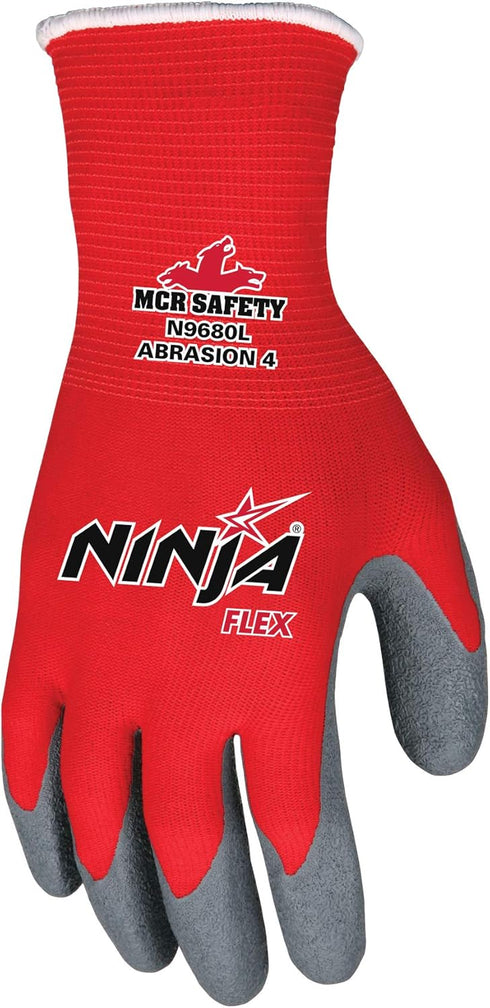 MCR Safety N9680XXL Ninja Flex Work Gloves, Nylon Shell with Latex Dip Palm & Fingertips, Gray/Red, 2X-Large, 1-Pair