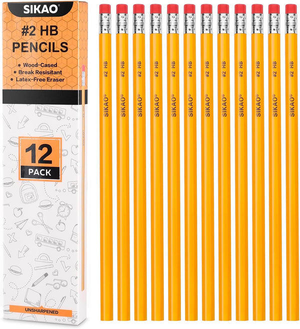Pencils 12Pack #2, Bulk Number 2 Pencils for Kids Sketching and Drawing, Yellow HB No 2 Pencils with Erasers