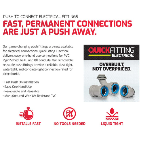 QuickFitting 1/2 inch Junction Box Connector, Push Install PVC Electrical Conduit Fitting, 10-Pack