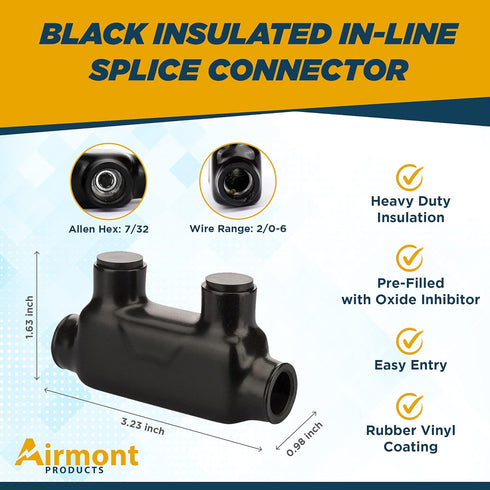 AP-10203 Black Insulated in-Line Splice Connector, 2/0-6 Wire Range, Pre-Filled with Oxide Inhibitor