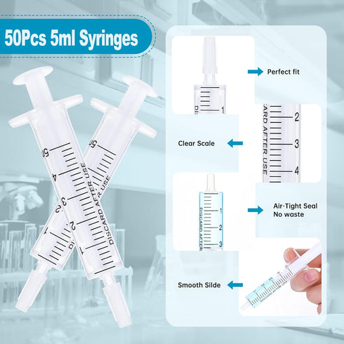 50pcs 5ml/cc Plastic Syringes with Caps, Without Rubber Stopper for Industry Lab Pet Feeding