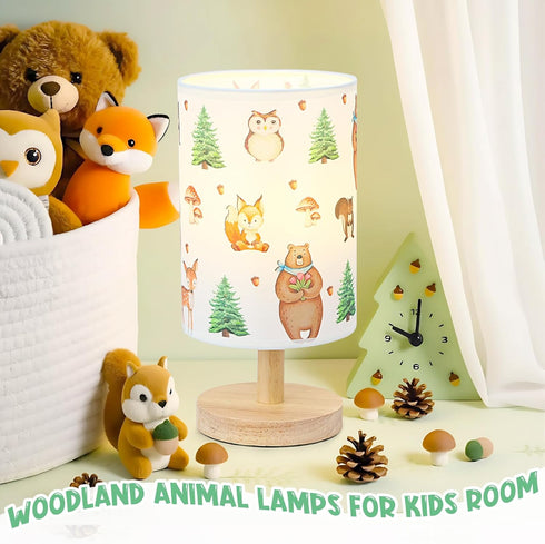 Woodland Animals Table Lamp - Woodland Kids Bedside Lamp with Linen Wooden Nightstand Cartoon Nursery Lampshade