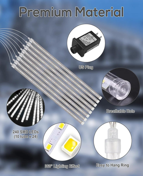 Christmas Lights Outdoor UL Certified, Meteor Shower Lights 12 Inch, 10 Tubes LED Falling Rain Drop Lights, Icicle Snow
