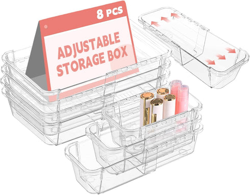 8 Pcs Mixed Extendable Clear Drawer Organizer, All Adjustable Vanity Storage Box,