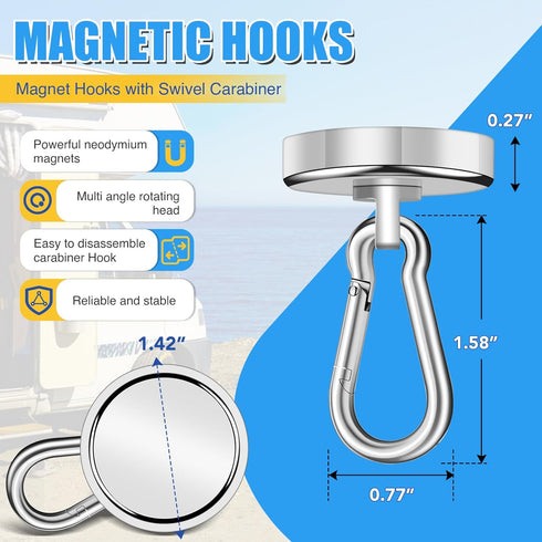 Magnetic Hooks Heavy Duty 150Lbs, 4 Pack Super Strong with Swivel Carabiner for Hanging