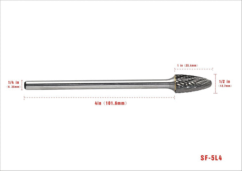 Carbide Burr SF-5L4 with 1/4 Inch Shank Diameter, Extended Long Double Cut Rotary Burr File, 4 Inch Length
