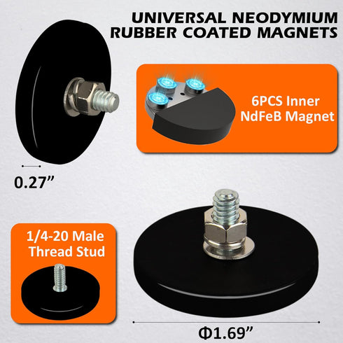 Magnets,4PCS 1/4-20 Thread,35lbs MUTUACTOR Neodymium Rubber Coated Anti-Scratch Mounting Magnets with Male Strong Round