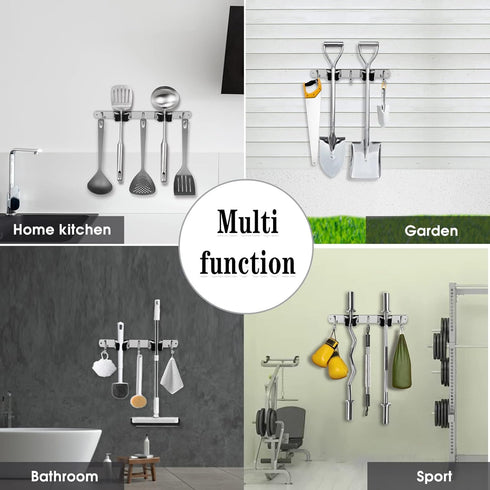 2 Racks and 3 Hooks Broom and Mop Holder Wall Mounted Garage Organizer Storage Tool Racks, Stainless Steel Heavy Duty