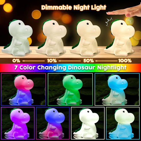 YunLone Dimmable 7 Kids Night Light Dinosaur Bedside Nursery Touch Lamp with Color Changing, Soft Squishy Silicone Cute