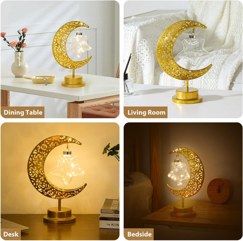 Decorative Table Lamp, Battery Powered Ramadan Desk Lamp with Crescent Table Light for Bedside Nightstand and Kid's