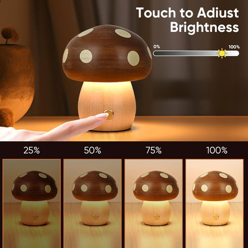 LONRISWAY 2Pack Dimming Wood Small Mushroom Table Lamp, LED Rechargeable Cordless Touch Bedside Lamps, Wireless