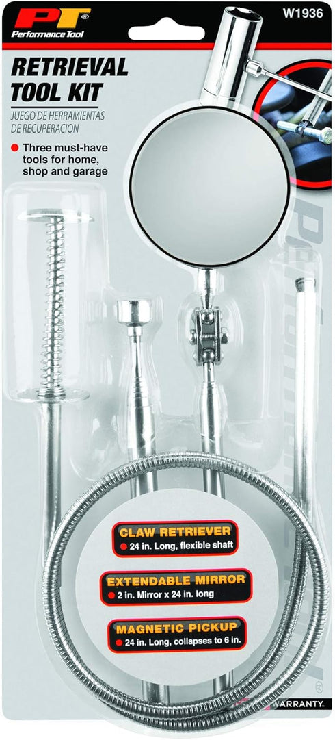Performance Tool W1936 3-Piece Retrieval Tool Set with Magnetic Pick Up Tool, Extendable Mirror, and Claw Tool for Automotive and Home Repairs by Performance Tool