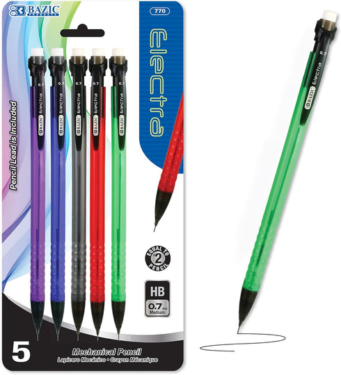 BAZIC Electra Mechanical Pencil 0.7mm, Smooth Writing, Latex Free Eraser, 5/Pack, 1-Pack