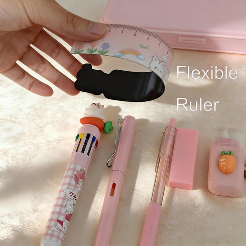 SHIDESHIN 9 Set Pcs Cute Pink Stationery Carrot Rabbit Kawaii Office Supplies Including Pens Pencil Eraser Ruler