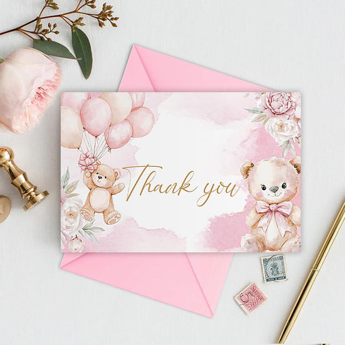50 Pack 4" 6" Baby Shower Thank You Cards with Envelopes, x Watercolor Bear Balloon Bulk Greeting Cards for Bridal