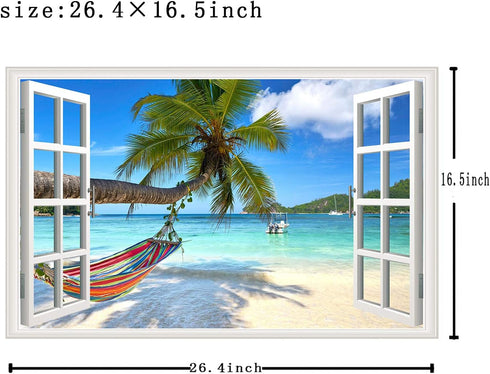 Beach Seascape Window Wall Sticker, Removable Palm Tree and Hammock Decal for Tropical Sea View in Living Room