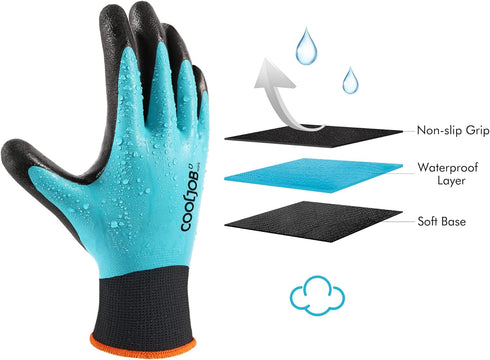 COOLJOB Waterproof Gardening Work Gloves, Non-slip Double Rubber Coated, Unisex Blue, 2 Pairs for Garden Yard