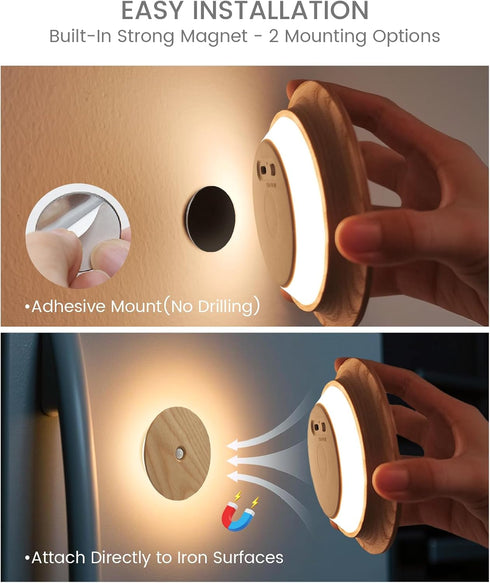 Motion Sensor Night Light Wood, Rechargeable Battery-Powered Magnetic Stick-On Night Light Wall Light for Indoor