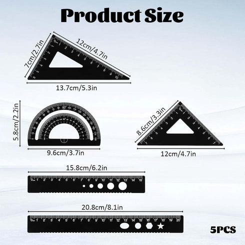 Styquenzer 5Pcs Set, Set, 6/8 Inches Metal Geometry Math Drafting Ruler Kit Aluminum Triangle Rulers Metal Ruler