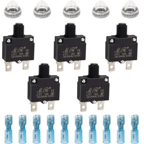 BlueStars 5 Packs 15Amp Thermal Circuit Breaker 125/250V AC 32V DC - Overload Protector with Push Button Manual Reset