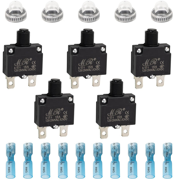 BlueStars 5 Packs 15Amp Thermal Circuit Breaker 125/250V AC 32V DC - Overload Protector with Push Button Manual Reset