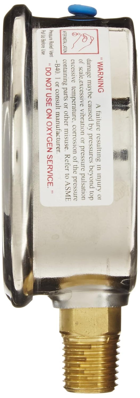 PIC Gauge S201L-254CC 30-0-30 PSI Pressure Gauge, 2.5" Dial, Bottom Mount, Glycerin Filled, Stainless Steel Case