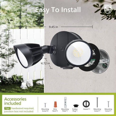 44W 3500LM 2 Heads5000K Philips LED Security Flood Light OutdoorSwitch Controlled Aluminum Security Light, Adjustable