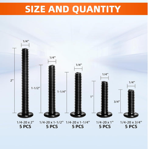 25 PCS Assortment Kit of 1/4-20 Flat Head Socket Head Screws, Stainless Steel 18-8 (304), Black Finish, Fully Threaded