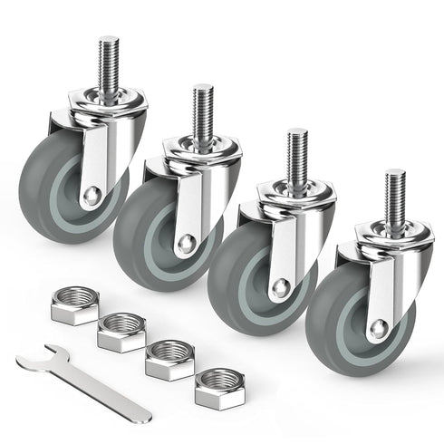 Caster Wheels 3 inch with No Brake, 1/2" -13 x 1-1/2" Threaded Swivel Casters Set of 4, Grey