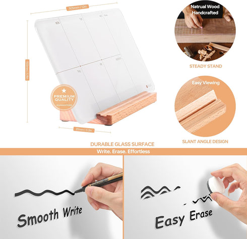 Desktop Glass Weekly Planner Whiteboard with Detachable Wood Stand, 12x6" - Portable Dry Erase Calendar for Home