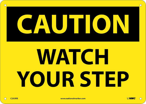 NMC C203RB OSHA Sign, "CAUTION WATCH YOUR STEP", 14" Width x 10" Height, Rigid Plastic, Black On Yellow
