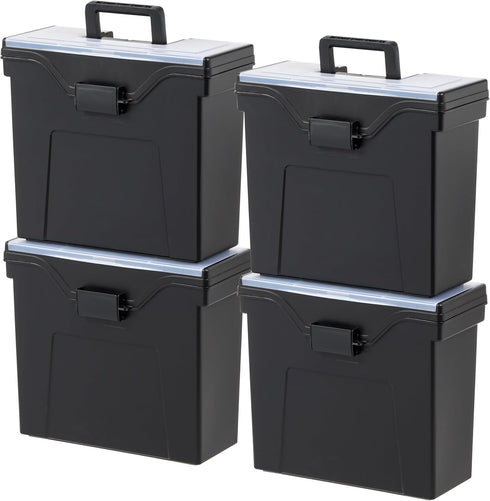 IRIS USA Slim Portable File Box, Black, 4 Pack, BPA-Free Storage with Organizer-Lid and Sturdy Handle