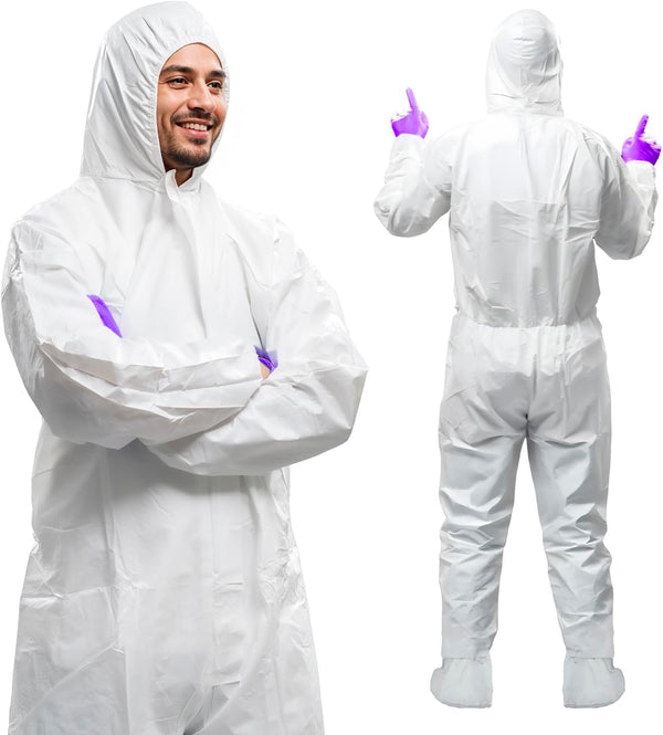 AMZ Medical Supply Disposable Coveralls with Hood & Boots, 60 GSM White