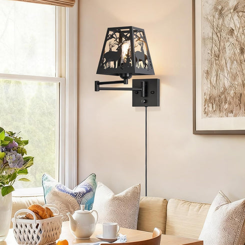 Dimmable Dimmer Rustic Plug in Deer Wall Sconces, Swing Arm Wall Lamp with Plug in Cord and On/Off Rotary Switch