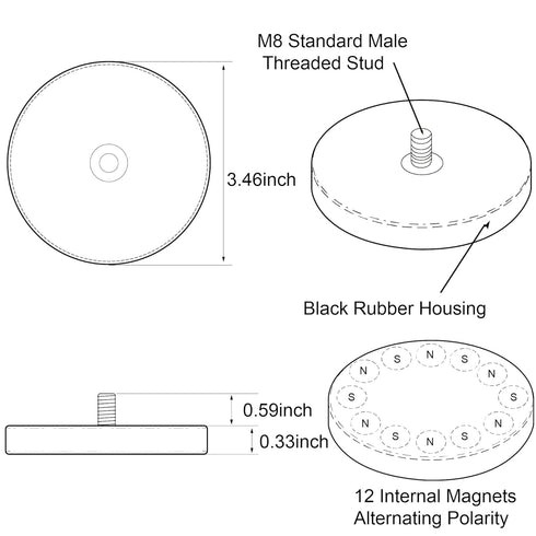 ULIBERMAGNET 2Pack Rubber Coated Magnet with M8 Male Thread Stud, 100lb Strong Neodymium for Outdoor Tools