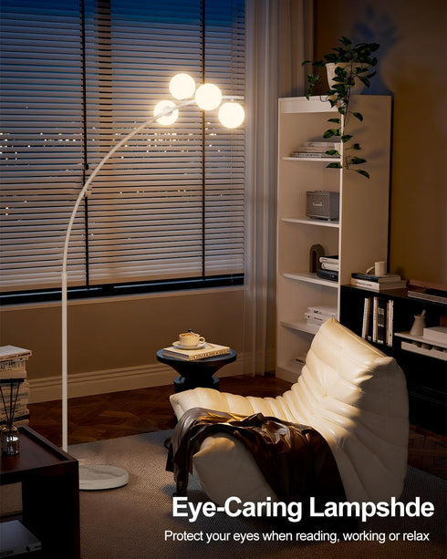 4 Office(Bulbs Lightdot White Arc Floor Lamp for Living Room, Globe Floor Lamp with Shatterproof Shade& Mable Base, Mid